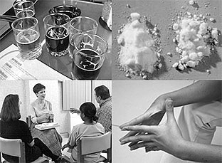 Image of glasses of alcohol, drug powder, counseling group and hands