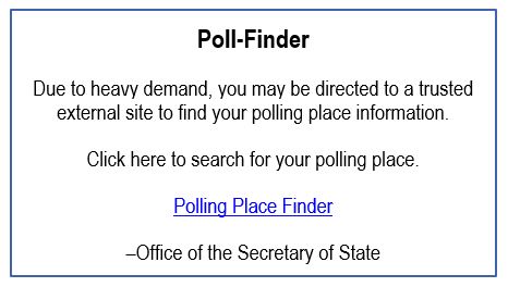Image of what the OSS had psoted on their website to redirect people to a polling place finder. It reads, Due to heavey demand, you may be directed to a trusted external site to find you polling place information. Click here to search for your polling place. Polling Place finder (link) -Office of the Secretary of State