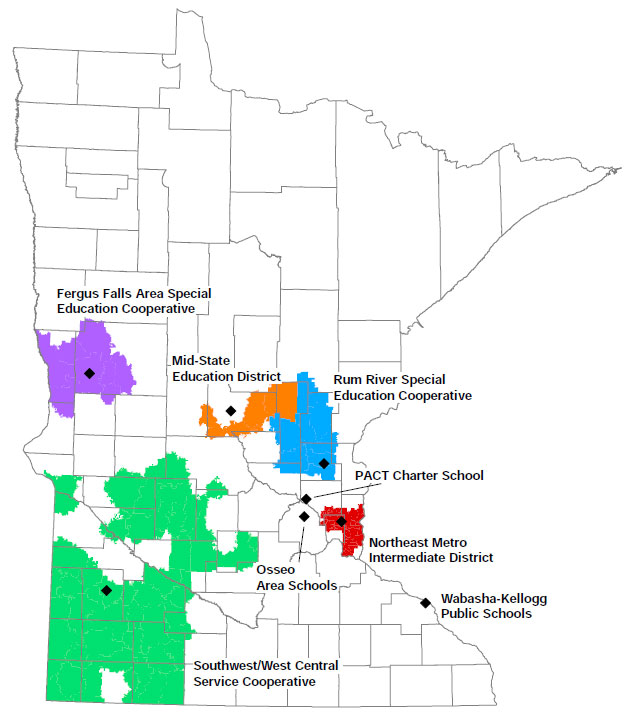 Description: Fergus Falls Area Special Education Cooperative
Mid-State Education District
Rum River Special Education Cooperative
PACT Charter School
Northeast Metro Intermediate District
Osseo Area Schools
Wabasha-Kellog Public Schools
Southwest/West Central Service Cooperative